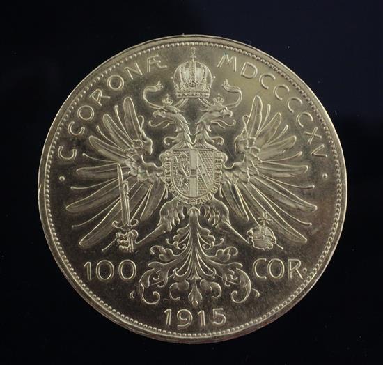 An Austrian 100 Corona gold coin, 1915 proof restrike, 33.8g